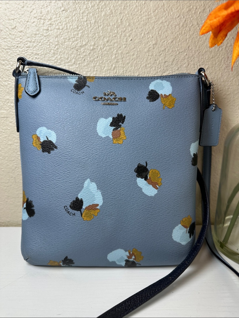 EUC COACH Dusty Blue Floral Leather Crossbody